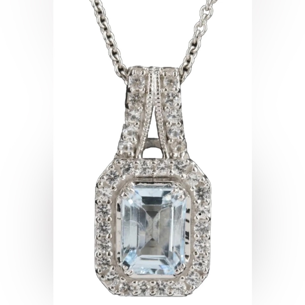 Sterling Silver Aquamarine and White Sapphire Necklace. 28"